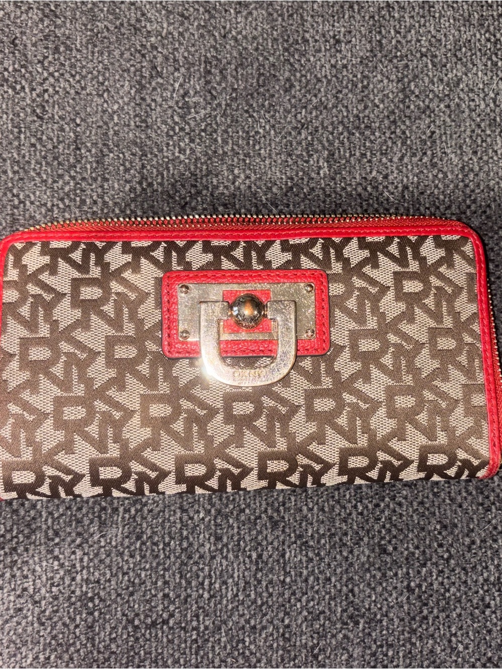 DKNY Women’s Brown Signature Logo Wallet with Red Trim and Gold Hardware